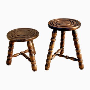 French Tripod Turned Wood Stools in the style of Charles Dudouyt, 1960s, Set of 2