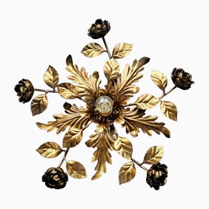 Italian Gold Flush Mount Ceiling Lamp with Roses and Acanthus Leaves