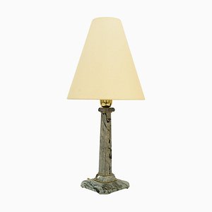 Art Deco Marble Table Lamp with Brass Parts and Fabric Shade, Vienna, 1920s