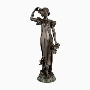 Art Nouveau Bronze Sculpture Lady in Bronze & Marble by Adolpho Cipriani, 1900s