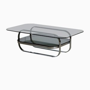 Bar-Shaped Coffee Table on Chrome Base with Two Smoked Glass Tops, 1970s