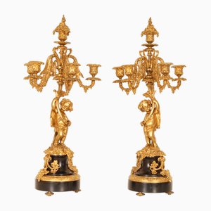 19th Century French Victorian Gilt Bronze and Black Marble Candelabras, Set of 2