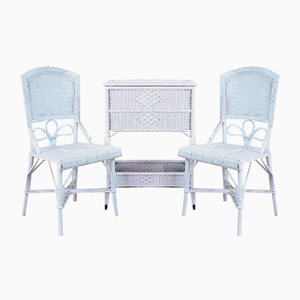 Conservatory Wicker Set Chairs and Sewing Box, 1930s, Set of 3