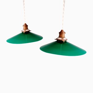 Art Deco Suspensions in Conical Green Opaline, 1930s, Set of 2