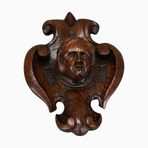 French Hand-Carved Oak Wood Wall Plaque with Cherubs Head, 1900s