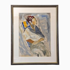 Lounging, 1950s, Mixed Media on Paper, Framed