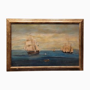 Artiste Français, Bataille Navale, Années 1800, Huile sur Panneau, Encadrée
