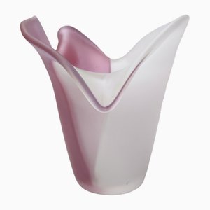 Vase Blanc et Rose en Verre de Murano Gravé, Italie, 1980s