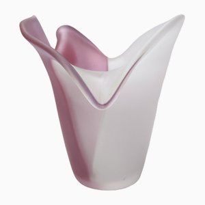 White and Pink Etched Murano Glass Vase, Italy, 1980s