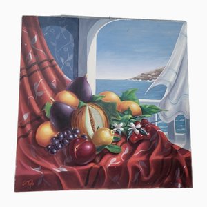 Artista di scuola spagnola, Frutti e vista sul Mediterraneo, anni '60, Olio su tela