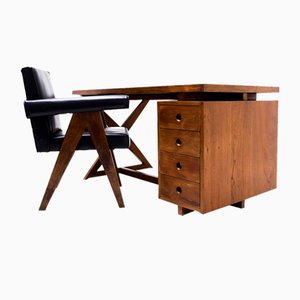 Teak and Leather Frame Desk and PJ SI 30 A Committee Chair attributed to Pierre Jeanneret, Chandigarh, India, 1960s, Set of 2