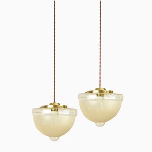 Mid-Century Italian Brass and Glass Pendant Lamps, Set of 2
