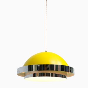 Lámpara colgante italiana era espacial de metal en amarillo y cromo, años 70