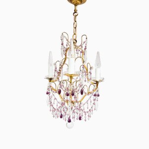 French Chandelier in Brass with Mauve Beads, 1930s