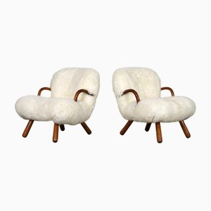 Set of Early Clam Chairs in Curly Sheepskin by Madsen & Schübel, 1944