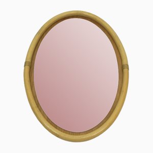 Large Mid-Century Oval Wall Mirror in Bamboo with Leather Frame, 1950s-1960s