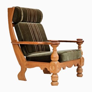 Fauteuil à Dossier Haut en Velours et Chêne, Danemark, 1970s