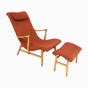 Beech Lounge Chair and Ottoman, Sweden, 1960s, Set of 2