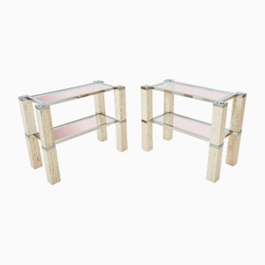 Chrome and Travertine Console Tables by François Catroux, 1973, Set of 2