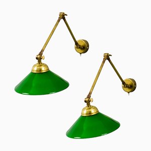 Brass Wall Lights with Green Glass Lampshades, Set of 2