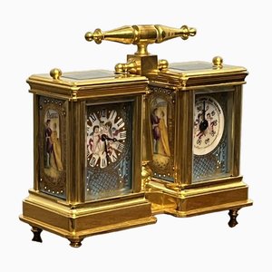 Double Carriage Clock & Barometer with Decorated Porcelain Panels and Key