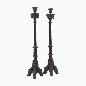 Neo-Gothic Iron Altar Candlesticks, 1900, Set of 2