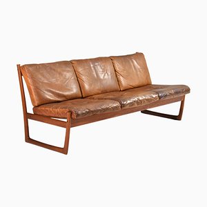 Fd130 Teak Sofa in Cognac Leather attributed to Peter Hvidt for France & Søn / France & Daverkosen, Denmark, 1950s