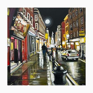 Angela Wakefield Modern Impressionist Painting of Soho London at Night di Urban Landscape Artist, 2010