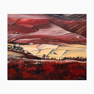 Moira Metcalfe, Paisaje abstracto rojo de los valles de Yorkshire, pintura al óleo, 2011