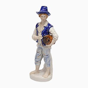 Men Ceramic Statue with Hat and Wood Bundle, 1980s