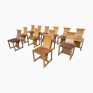 Chaises Mid-Century Moderne en Bois et Cuir, Italie, 1950s, Set de 12