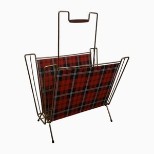 Filigree Newspaper Rack with Checked Pattern and Teak Handle