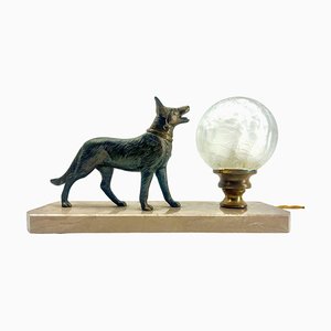 Art Deco French Table Lamp with Stylized Spelter Representation of Dog, 1935