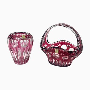 German Crystal Vase and Basket, 1960s, Set of 2