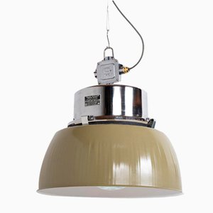 Polish Factory Light with Prismatic Glass in Olive Green Polished Steel, 1920s
