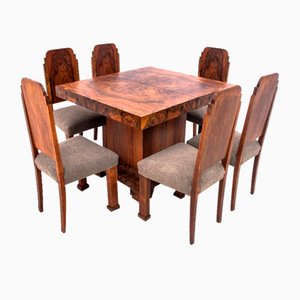 Art Deco Dining Table and Chairs, Poland, 1940s, Set of 7