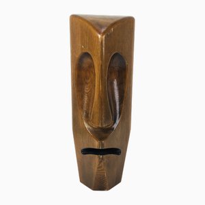 Escultura de rostro abstracto estilizado vintage de madera de pino, años 70