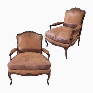 Fauteuils Club Antiques Tapissés en Cuir, Espagne, fin du 19ème Siècle, Set de 2