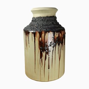 Mid-Century Beige and Brown Drip Glazed Ceramic Vase, 1970s