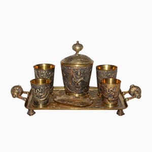 19th Century Chinese Bronze Desk Smoking Set with Dragon Decor, Set of 7