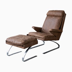 Fauteuil et Tabouret Swing Vintage en Cuir par Reinhold Adolf pour COR, 1970s, Set de 2