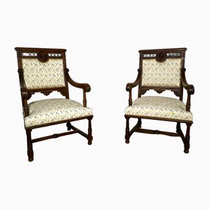 Large French Gothic Library Throne Chairs, Set of 2