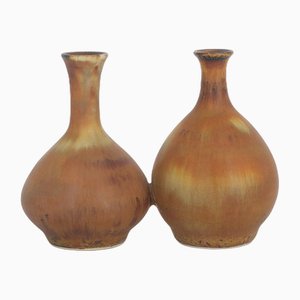 Small Mid-Century Scandinavian Modern Collectible Double Brown Stoneware Vases by Gunnar Borg for Höganäs Keramik, 1960s, Set of 2