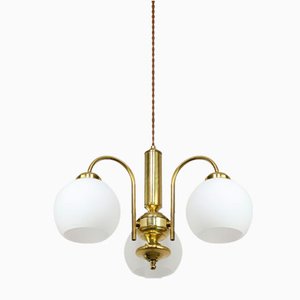 Lustre Mid-Century en Laiton et Opaline, Italie