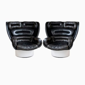 Elda Lounge Chairs in Black Leather and Fiberglass by Joe Colombo, Set of 2
