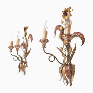 Large Florentine Wall Lights with Flowers, 1970s, Set of 2