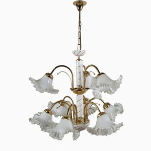 Large Ceramic Chandelier in Brass and Murano Glass, Italy, 1970s