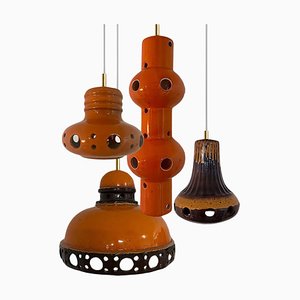 Lámparas colgantes de cerámica esmaltada en naranja, Alemania, años 70. Juego de 4