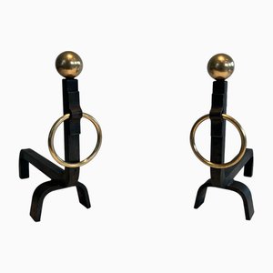 Wrought Iron & Brass Andirons in the style of Jacques Adnet, 1970s, Set of 2