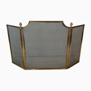 Neoclassical Style Fire Screen in Brushed Steel, Brass and Mesh in the style of Maison Jansen, 1940s
